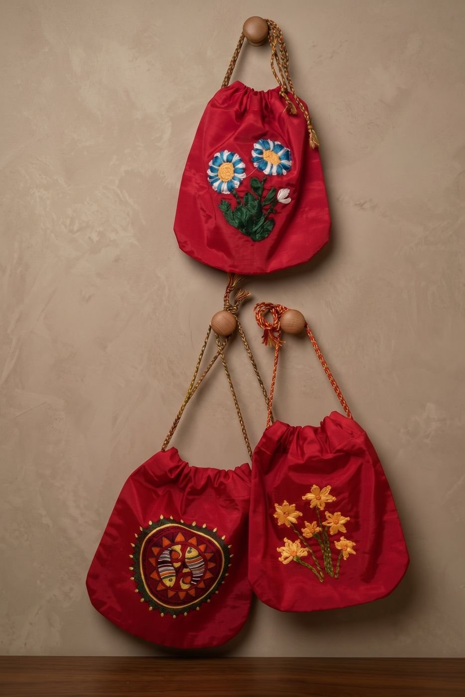Three red embroidered potlis hanging on a wall